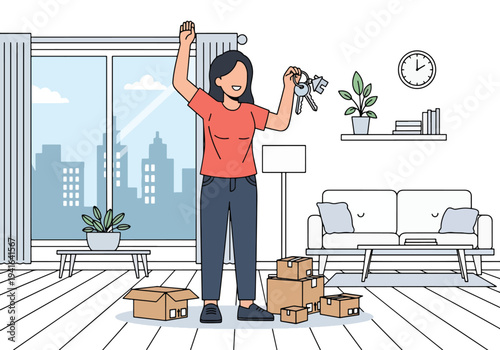 Flat vector illustration of woman celebrating first home purchase with house keys and moving boxes. Mortgage success and new homeowner lifestyle concept