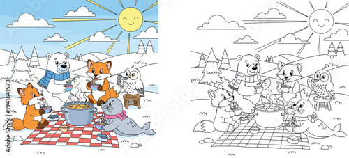 Cute cartoon animals having a winter picnic on snow, vector illustration of polar bear, fox, owl, and seal eating hot soup together under a smiling sun.
