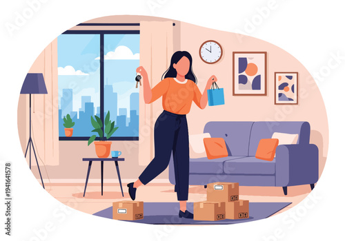 Flat vector illustration of woman celebrating first home purchase with house keys and moving boxes. Mortgage success and new homeowner lifestyle concept