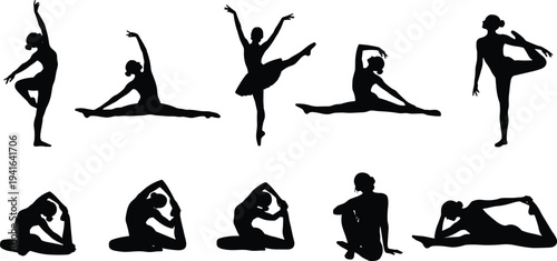 Yoga and Stretching Woman Silhouette Collection with Flexible Fitness Poses, Meditation Wellness and Healthy Lifestyle Vector Illustration