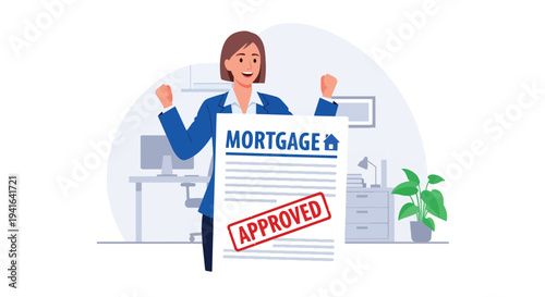 Modern flat vector illustration of businesswoman holding approved mortgage document with official stamp. Loan approval, banking process and real estate financing concept