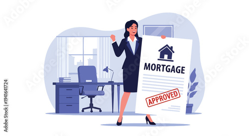 Modern flat vector illustration of businesswoman holding approved mortgage document with official stamp. Loan approval, banking process and real estate financing concept