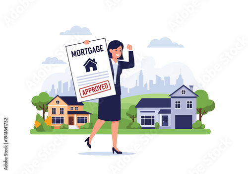 Modern flat vector illustration of businesswoman holding approved mortgage document with official stamp. Loan approval, banking process and real estate financing concept