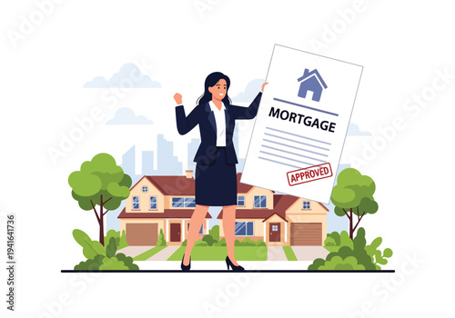 Modern flat vector illustration of businesswoman holding approved mortgage document with official stamp. Loan approval, banking process and real estate financing concept