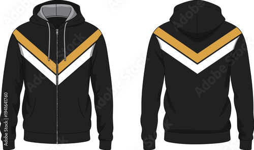Fashion Technical Sketch Of Men Black Zip Up Hoodie Featuring A Yellow And White Chevron V Shape Design On Front And Back