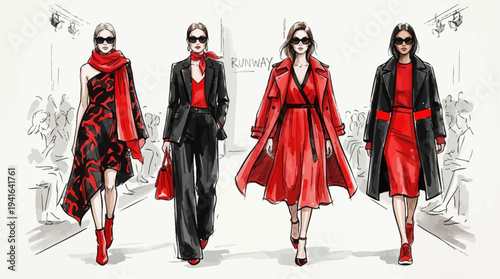 Modern Fashion Runway Sketch Illustration – Stylish Designer Models Outfit Concept Art