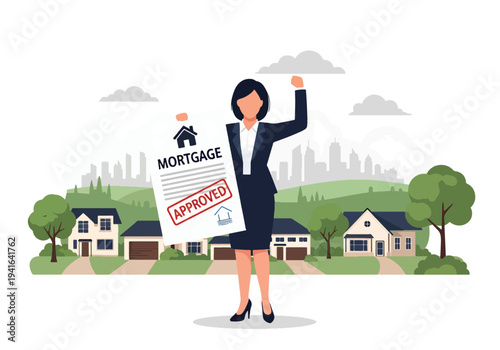 Modern flat vector illustration of businesswoman holding approved mortgage document with official stamp. Loan approval, banking process and real estate financing concept