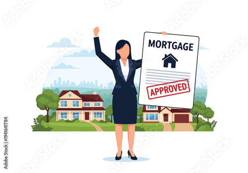 Modern flat vector illustration of businesswoman holding approved mortgage document with official stamp. Loan approval, banking process and real estate financing concept
