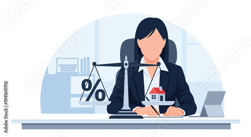 Modern flat vector illustration of woman balancing percentage symbol and coin stack with house icon. Debt to income ratio analysis concept for mortgage approval and financial planning