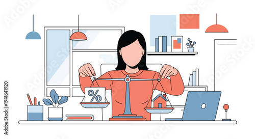 Modern flat vector illustration of woman balancing percentage symbol and coin stack with house icon. Debt to income ratio analysis concept for mortgage approval and financial planning