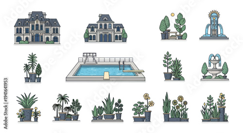 Architectural and Garden Elements Illustration Set.