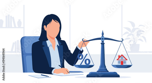 Modern flat vector illustration of woman balancing percentage symbol and coin stack with house icon. Debt to income ratio analysis concept for mortgage approval and financial planning