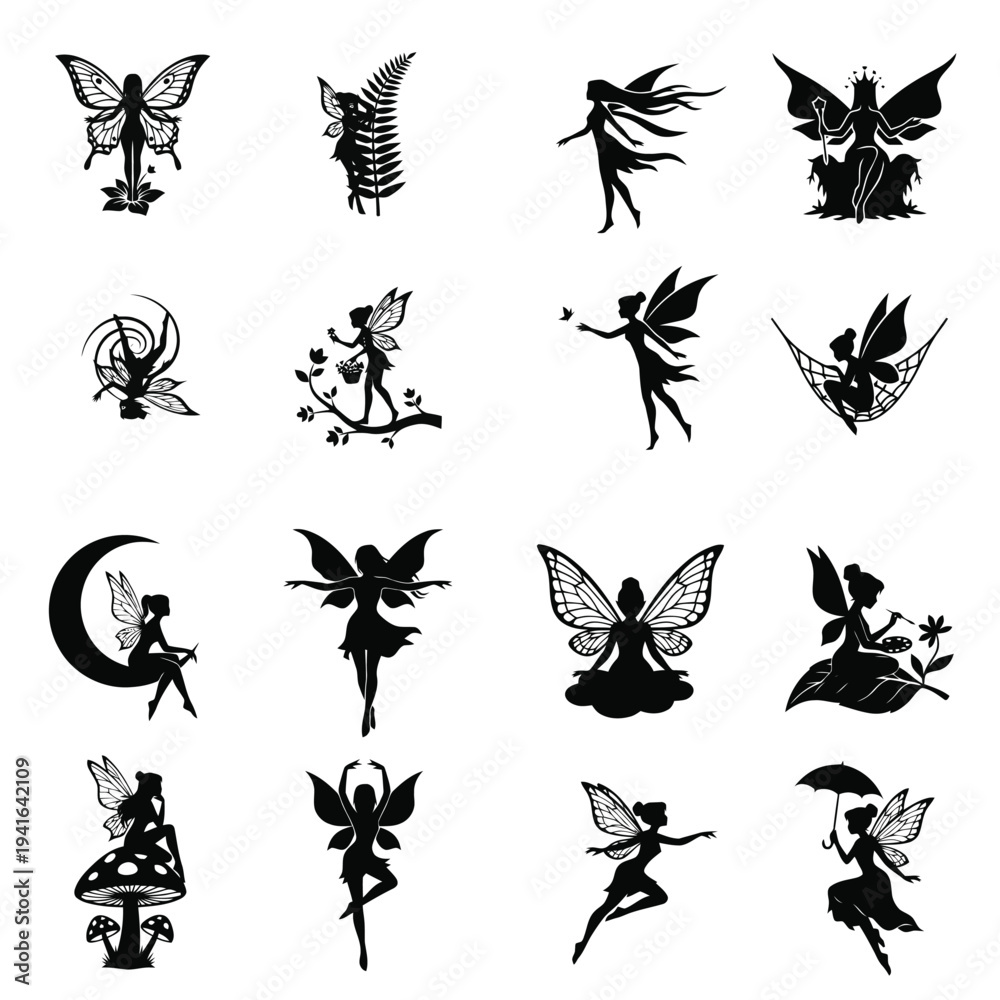 Fototapeta premium Set of magical fairy silhouettes in various poses and natural settings, including fairies with wings, sitting on moons, mushrooms, and leaves, perfect for fantasy designs.