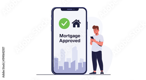 Flat vector illustration of young man receiving mortgage approval notification on smartphone with checkmark and house icon. Online banking and digital home loan process concept