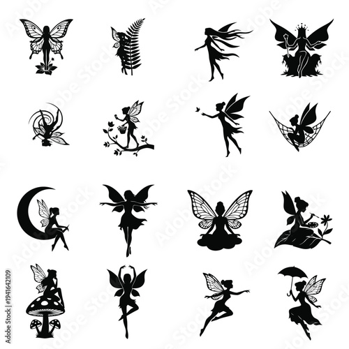 Set of magical fairy silhouettes in various poses and natural settings, including fairies with wings, sitting on moons, mushrooms, and leaves, perfect for fantasy designs.