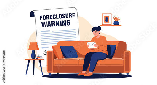 Modern flat vector illustration of worried homeowner holding foreclosure notice while sitting on couch. Mortgage debt risk and financial difficulty concept