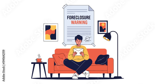 Modern flat vector illustration of worried homeowner holding foreclosure notice while sitting on couch. Mortgage debt risk and financial difficulty concept
