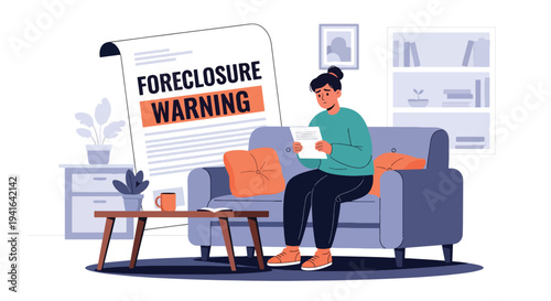 Modern flat vector illustration of worried homeowner holding foreclosure notice while sitting on couch. Mortgage debt risk and financial difficulty concept
