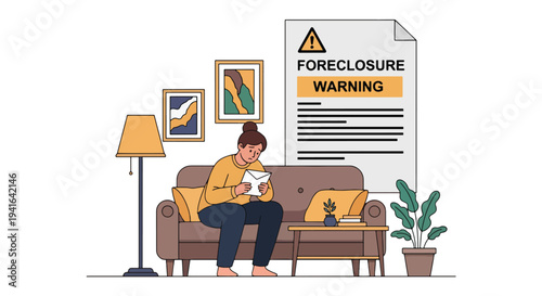 Modern flat vector illustration of worried homeowner holding foreclosure notice while sitting on couch. Mortgage debt risk and financial difficulty concept