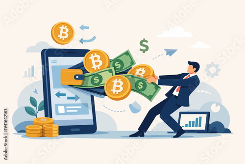 Flat Vector Illustration of a Businessman Pulling Bitcoin Coins and Dollar Bills from a Digital Wallet on a Smartphone Screen, Representing Cryptocurrency Exchange and Mobile Banking Technology