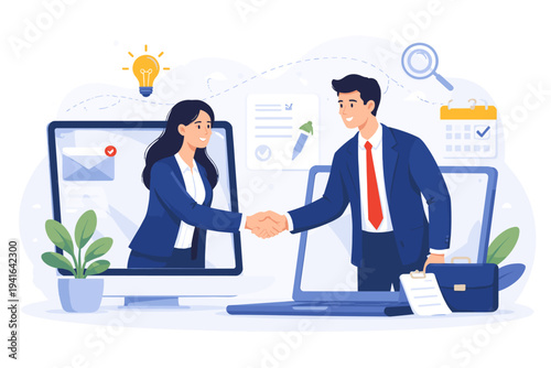 Online Business Partnership Concept with Businessman and Woman Shaking Hands through Computer Screens for Virtual Collaboration, Remote Networking, and Digital Contract Agreement Illustration.