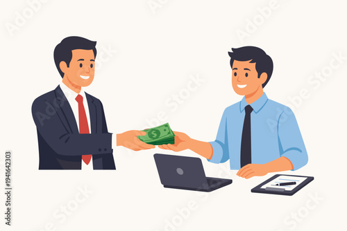 Businessman in a Suit Giving Cash Money to an Employee at a Desk with a Laptop and Clipboard, Concept of Salary Payment, Wage, Bonus, Financial Transaction, or Bribe, Flat Vector Illustration.