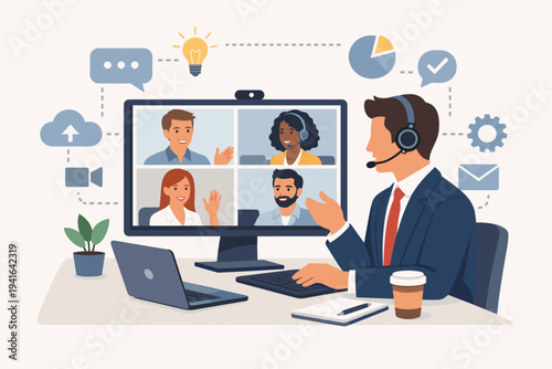 Vector illustration of a professional businessman with a headset leading a virtual team meeting via video conference call on a computer monitor with diverse employees for remote collaboration.