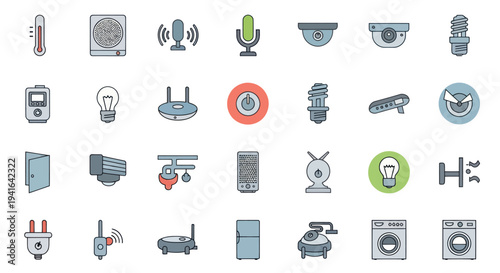 Colorful Hand-drawn Smart Home and IoT Device Icons Collection.