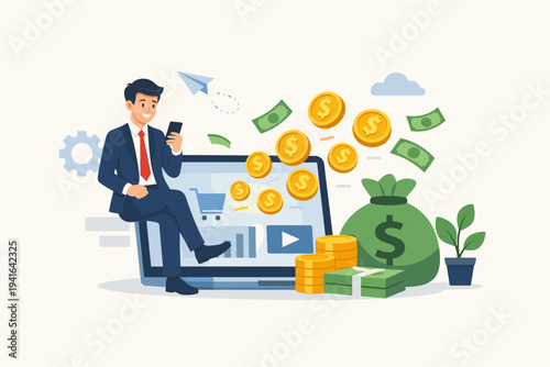 Businessman Earning Money Online with Laptop and Smartphone, Flat Vector Illustration of Digital Entrepreneurship, Passive Income, E-commerce Success, Financial Growth, and Wealth Management Concept.