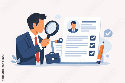 Businessman using a magnifying glass to review a job applicant's CV or resume. Human resources recruitment, hiring, and vetting concept with checkmarks and briefcase. Flat vector illustration.