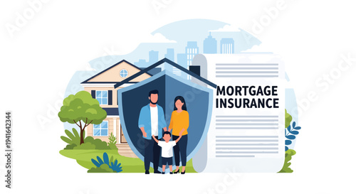 Flat vector illustration of family standing under protective shield shaped like house roof symbolizing mortgage insurance coverage and financial security for homeowners
