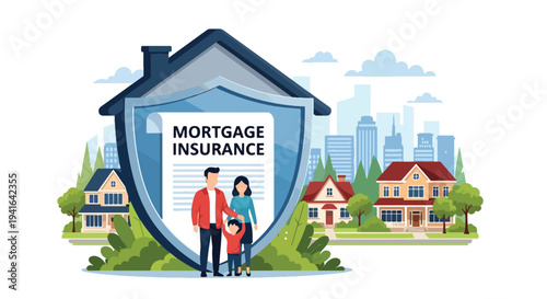 Flat vector illustration of family standing under protective shield shaped like house roof symbolizing mortgage insurance coverage and financial security for homeowners