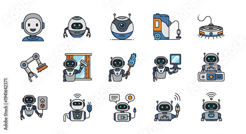 A collection of colorful hand-drawn robot and artificial intelligence icons representing technology and automation concepts.