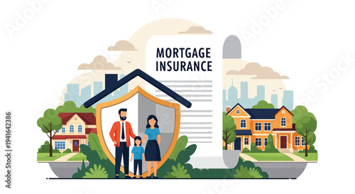 Flat vector illustration of family standing under protective shield shaped like house roof symbolizing mortgage insurance coverage and financial security for homeowners