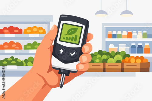 Hand holding a digital nitrate tester device in a supermarket background with fresh fruits and vegetables. Flat vector illustration of food safety, chemical testing, and healthy living concepts.