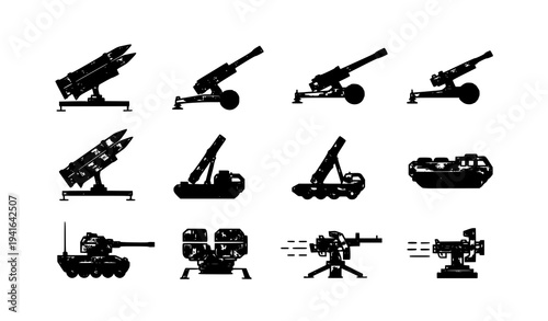 Air defense artillery and anti aircraft missile launcher icons simple vector set