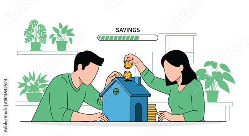 Flat vector illustration of couple saving coins into house shaped piggy bank to reach down payment goal for mortgage home purchase and financial planning