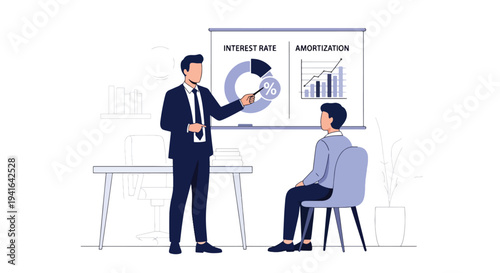 Modern flat vector illustration of mortgage broker presenting interest rate chart and loan terms to clients in office meeting. Real estate financing consultation concept