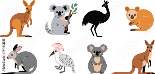 Vector Illustration Set Of Australian Animals Featuring Cute Cartoon Kangaroo Koala Emu Platypus Quokka And Exotic Birds For Nature Education And Wildlife Design