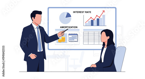 Modern flat vector illustration of mortgage broker presenting interest rate chart and loan terms to clients in office meeting. Real estate financing consultation concept