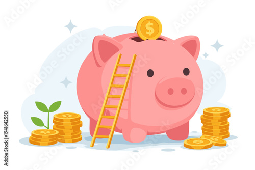 Flat Vector Illustration of a Pink Piggy Bank with a Ladder and Gold Coins, Representing Financial Growth, Money Saving, Investment Planning, Wealth Management, and Budgeting on a Light Background.