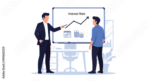 Modern flat vector illustration of mortgage broker presenting interest rate chart and loan terms to clients in office meeting. Real estate financing consultation concept