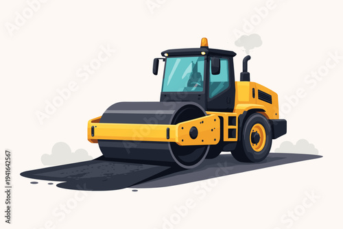 Vector illustration of a yellow road roller steamroller leveling fresh black asphalt on a construction site. Heavy machinery for roadwork, paving, and infrastructure development. Simple flat style.