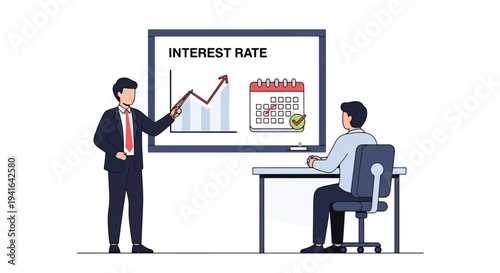 Modern flat vector illustration of mortgage broker presenting interest rate chart and loan terms to clients in office meeting. Real estate financing consultation concept