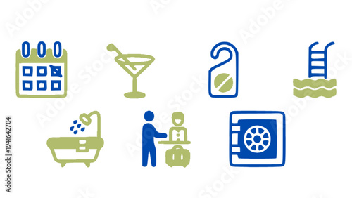 Modern hotel icons including cocktail, safe box, bathtub, swimming pool, and guest service.