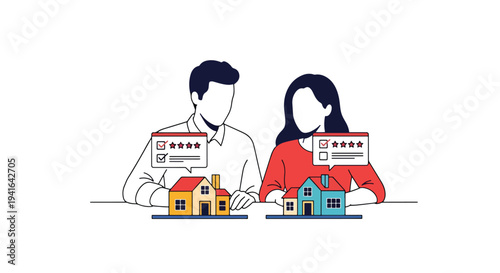Modern flat vector illustration of couple comparing two houses with checklist and rating icons before selecting mortgage property investment