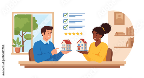Modern flat vector illustration of couple comparing two houses with checklist and rating icons before selecting mortgage property investment