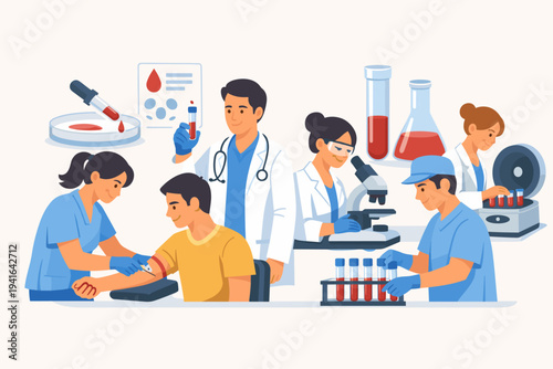 Vector Illustration of Medical Professionals and Lab Technicians Collecting Blood Samples and Performing Diagnostic Tests in a Laboratory Setting with Microscope, Test Tubes, and Centrifuge