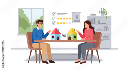 Modern flat vector illustration of couple comparing two houses with checklist and rating icons before selecting mortgage property investment