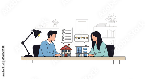 Modern flat vector illustration of couple comparing two houses with checklist and rating icons before selecting mortgage property investment